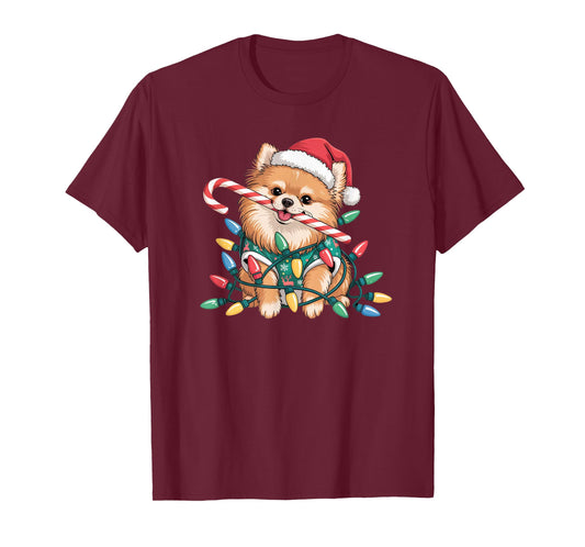 Cute Pomeranian Christmas Puppy Lights Santa Hat Candy Cane T-Shirt