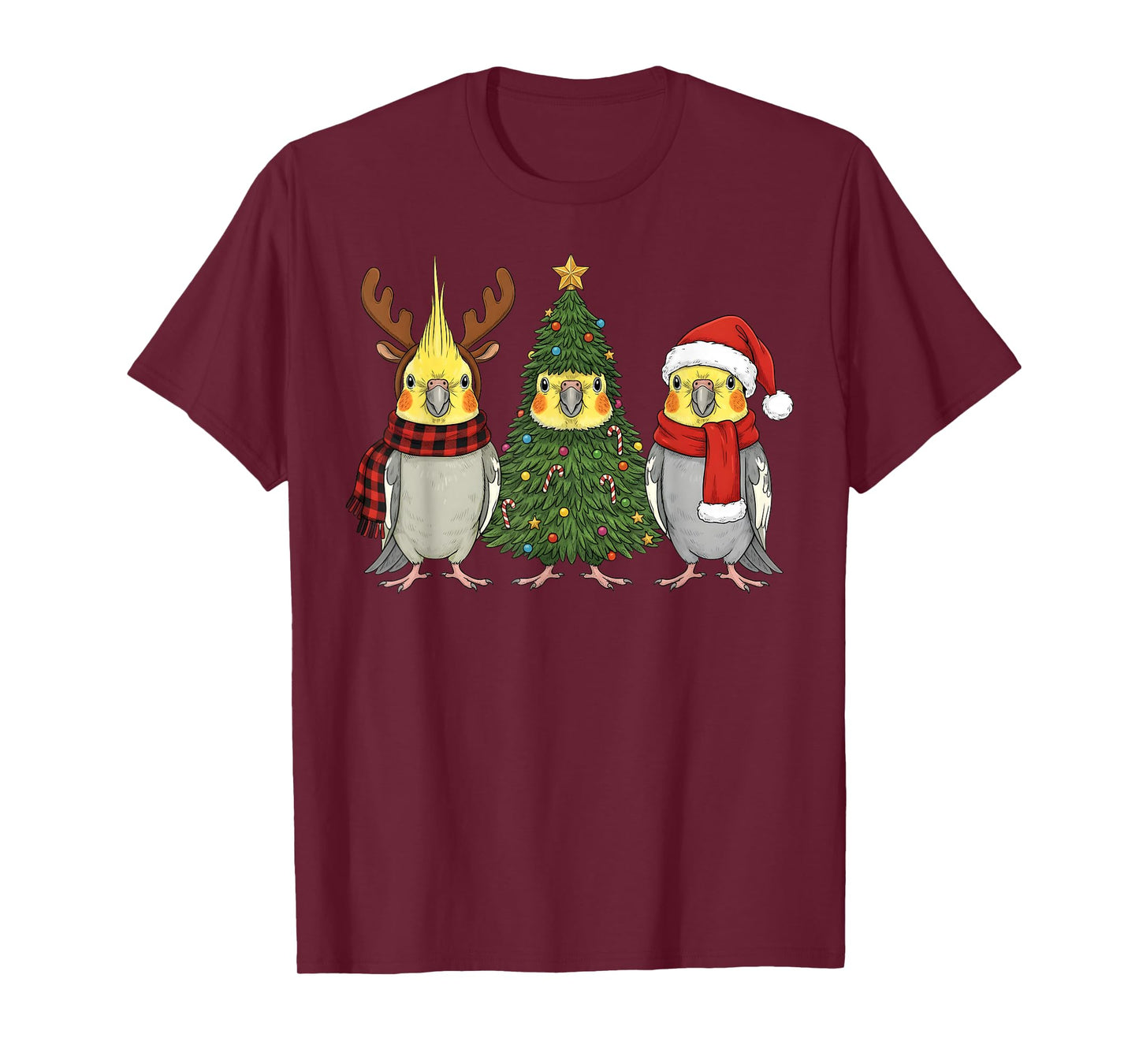 Retro Christmas Cockatiel Parrot Santa Reindeer T-Shirt