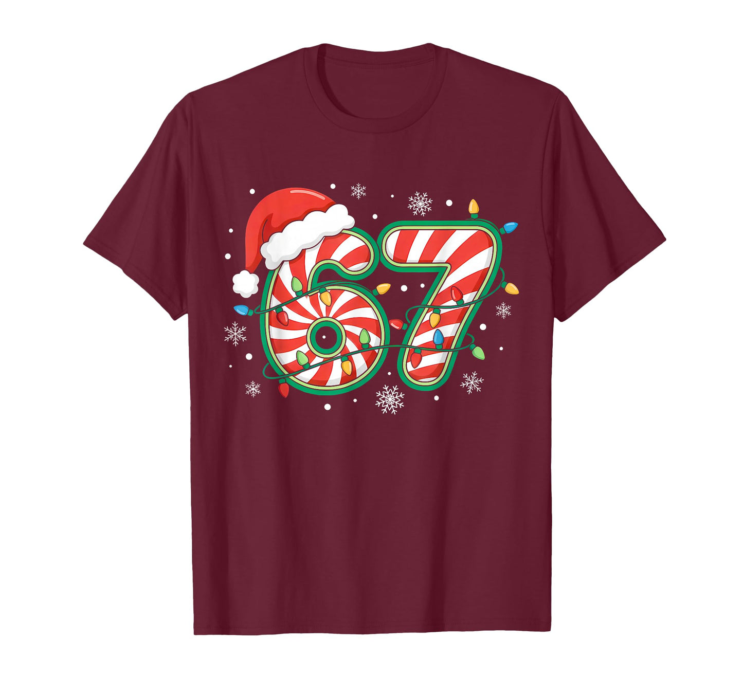 Christmas 67 Six Seven Meme Candy Cane Santa Hat Xmas Lights T-Shirt