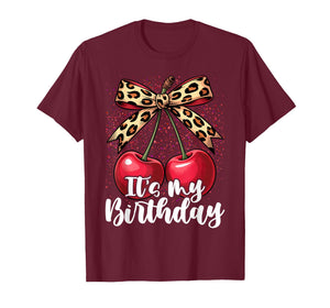 It's My Birthday Cute Cherry Leopard Coquette Bow T-Shirt