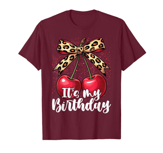 It's My Birthday Cute Cherry Leopard Coquette Bow T-Shirt