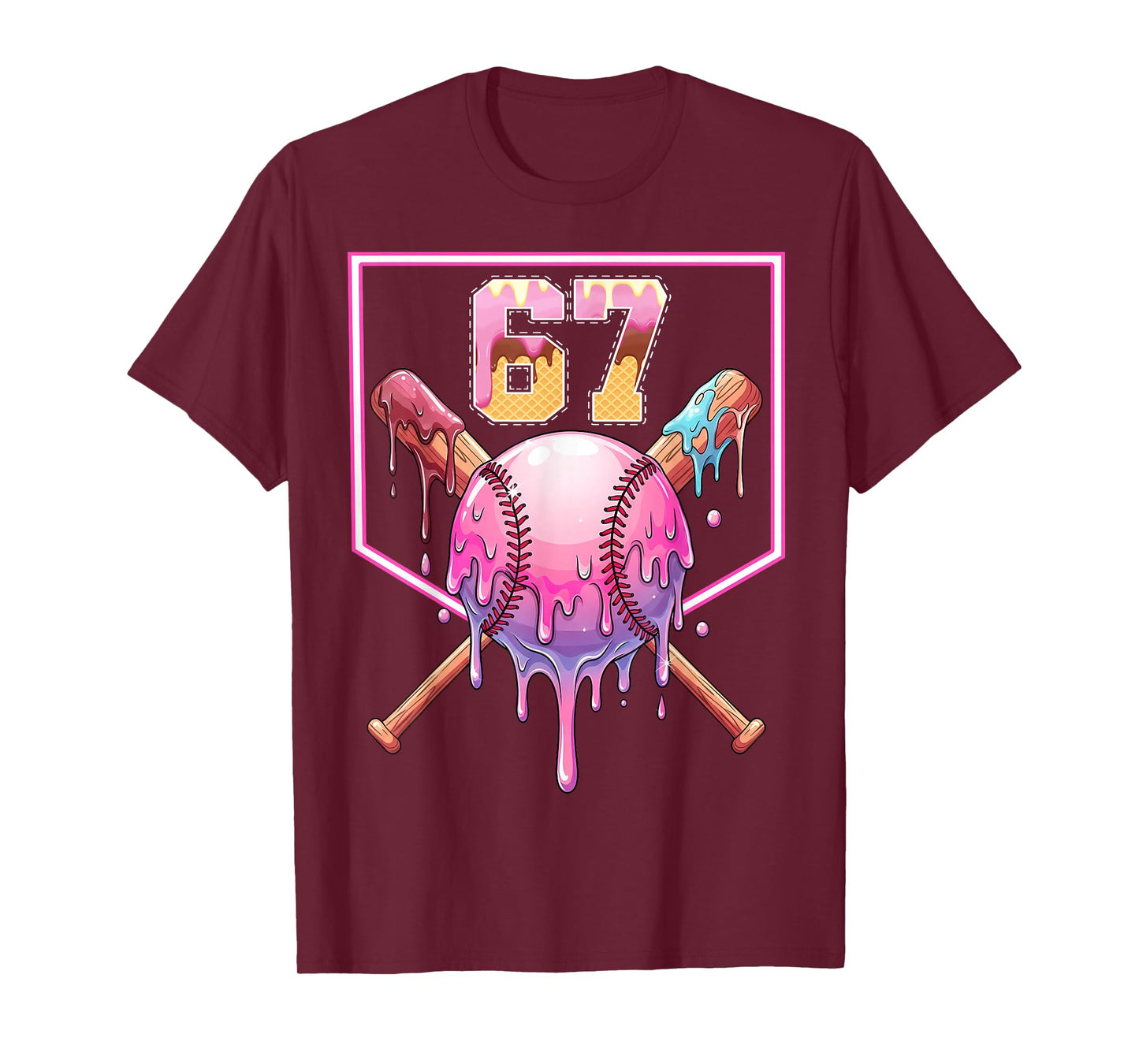 Baseball Ice Cream Drip Number 67 Player 67th Birthday Meme T-Shirt