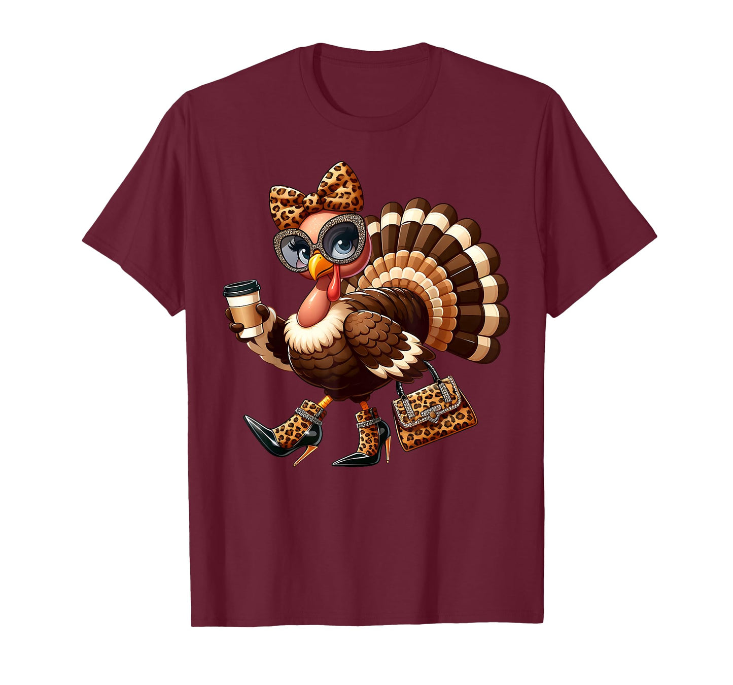Leopard Turkey Drinking Coffee Thanksgiving Women Turkey Day T-Shirt
