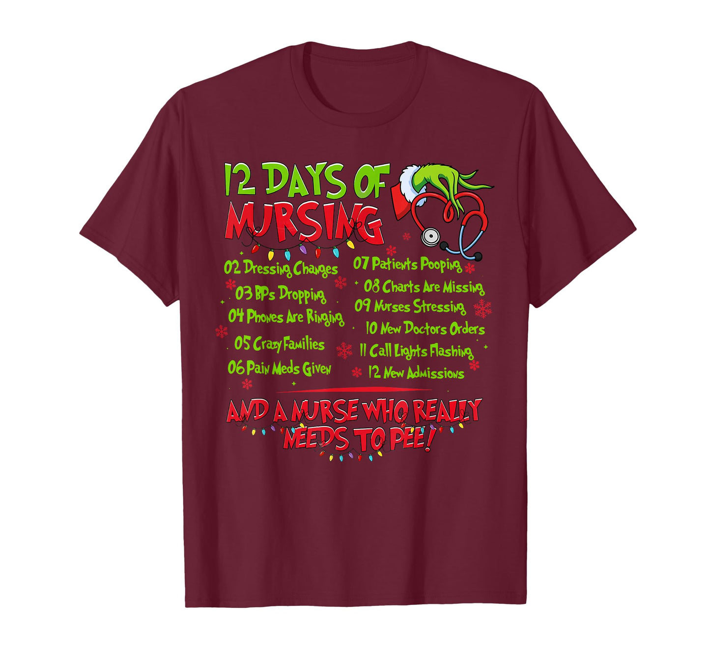 Christmas Nurse Funny 12 Days of Nursing Er Nicu PICU Rn T-Shirt