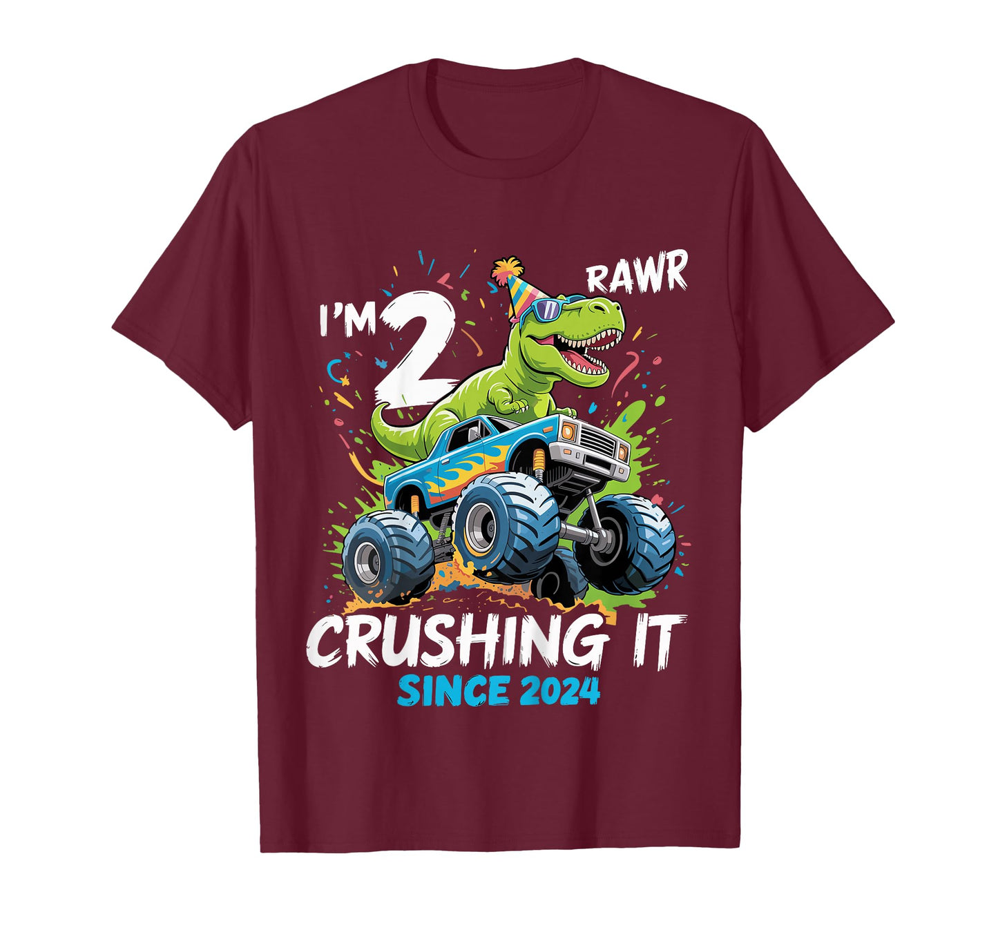 Kids 2nd Birthday Monster Truck Dinosaur 2 Year Old boy Born 2024 T-Shirt