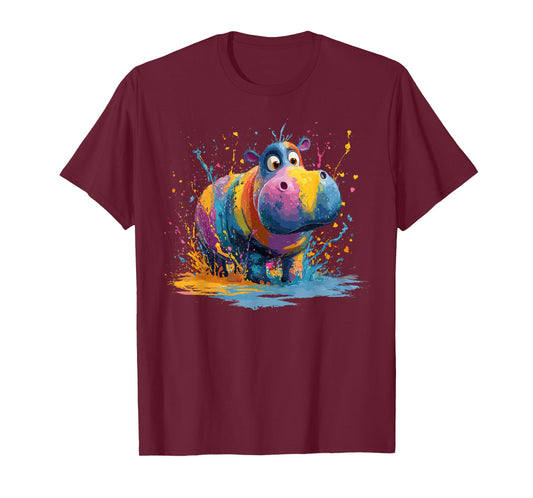 Rainbow Hippo Paint Splash Expression T-Shirt