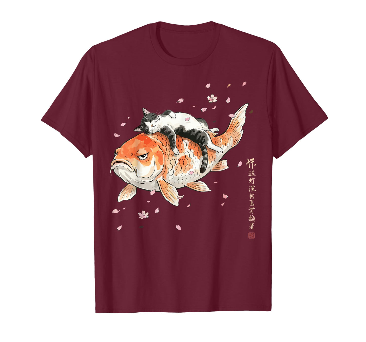 Japanese Cherry Blossom Cat Koi Nap Art Funny T-Shirt