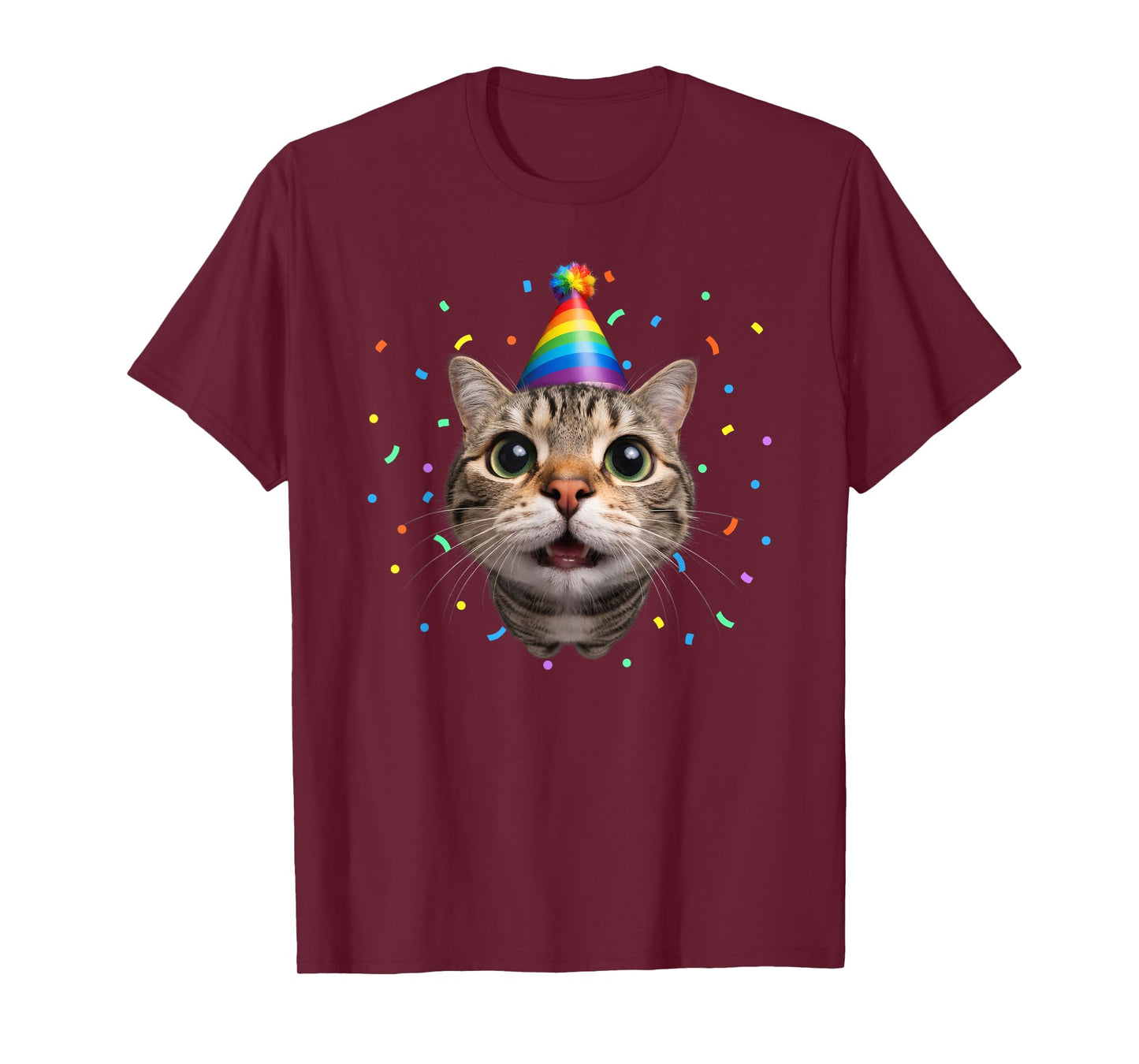 Funny Tabby Cat Face Rainbow Party Hat Cute Birthday Kitty T-Shirt