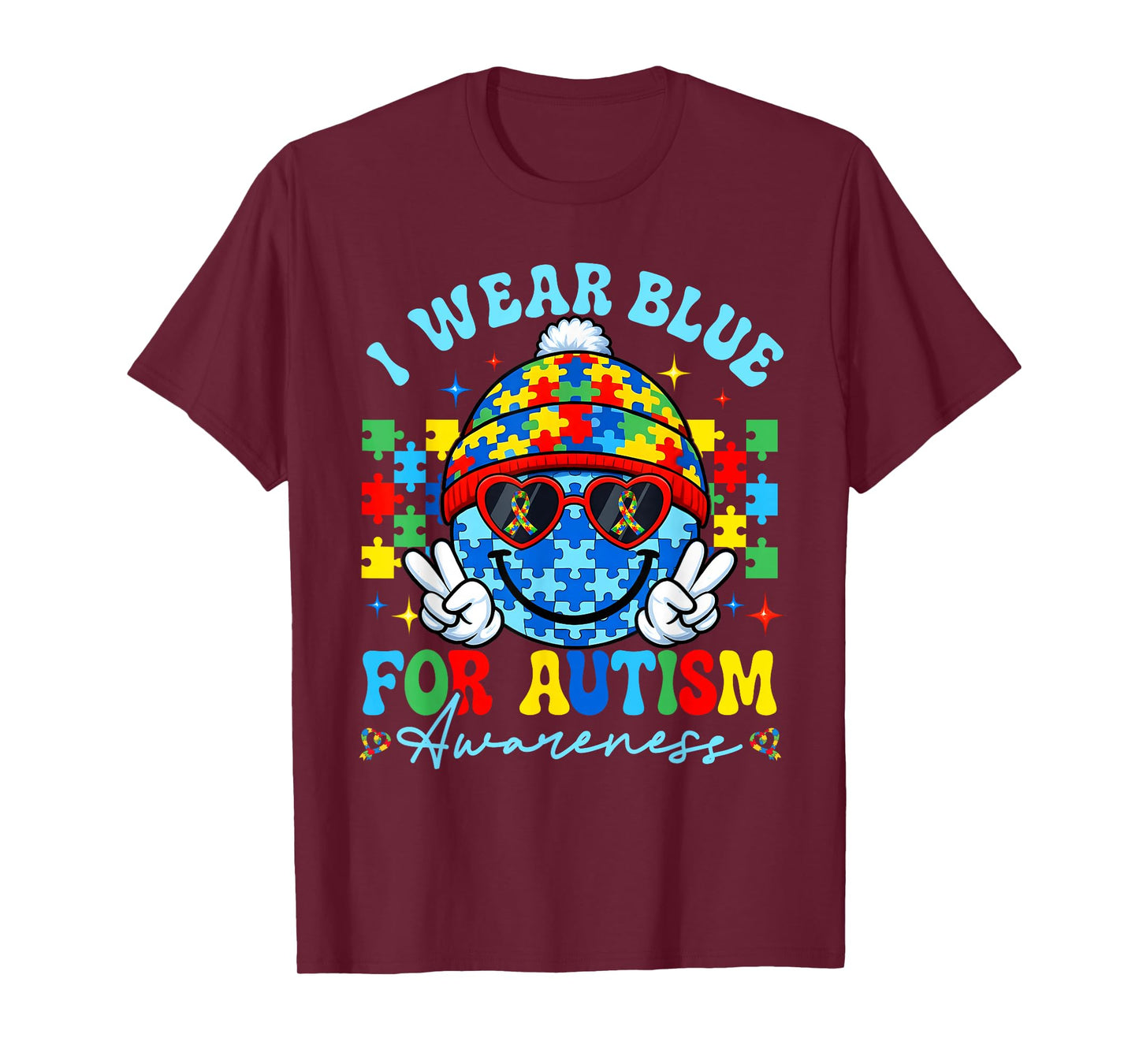 I Wear Blue Smile Face Autism Awareness Month Teacher Kid T-Shirt