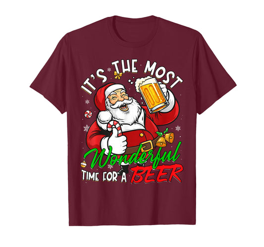 Wonderful Time Funny Christmas Santa Claus Drinking Beer T-Shirt
