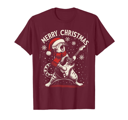 Funny Christmas Rock Cat Playing Guitar Santa Hat Music T-Shirt