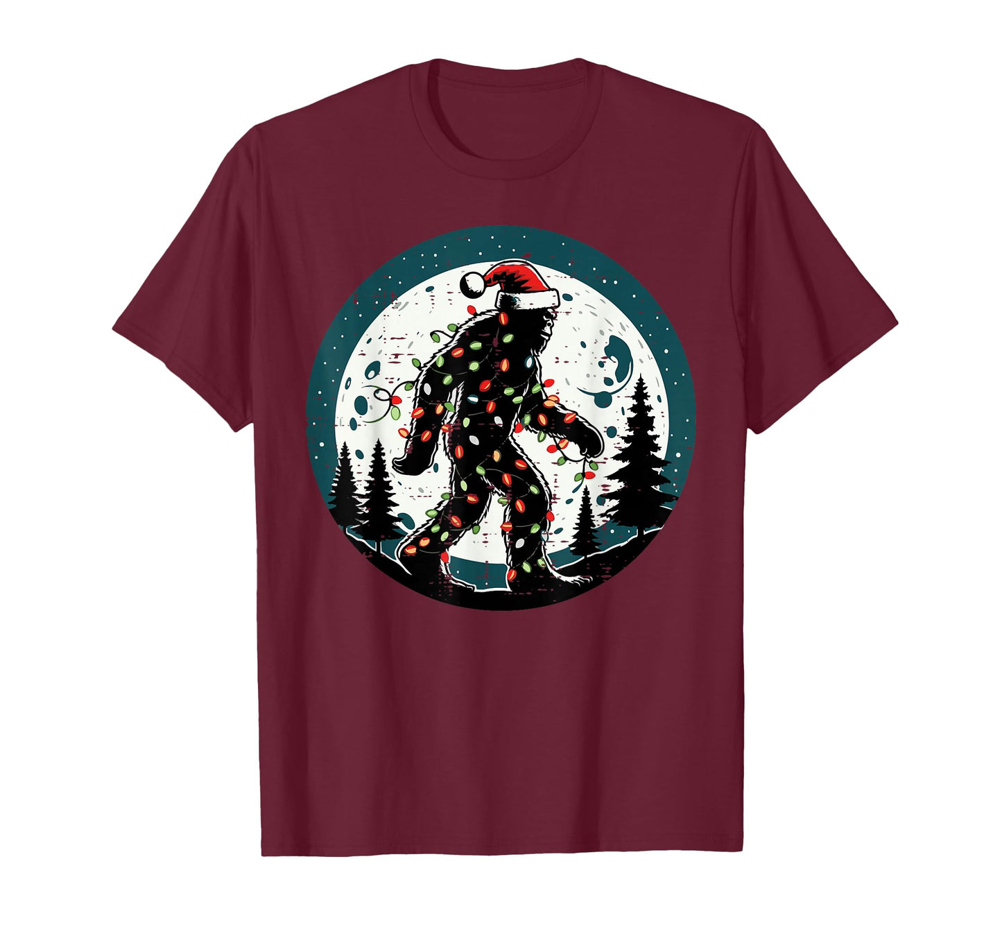 Bigfoot Santa Christmas Lights Moon Xmas Sasquatch Men Women T-Shirt