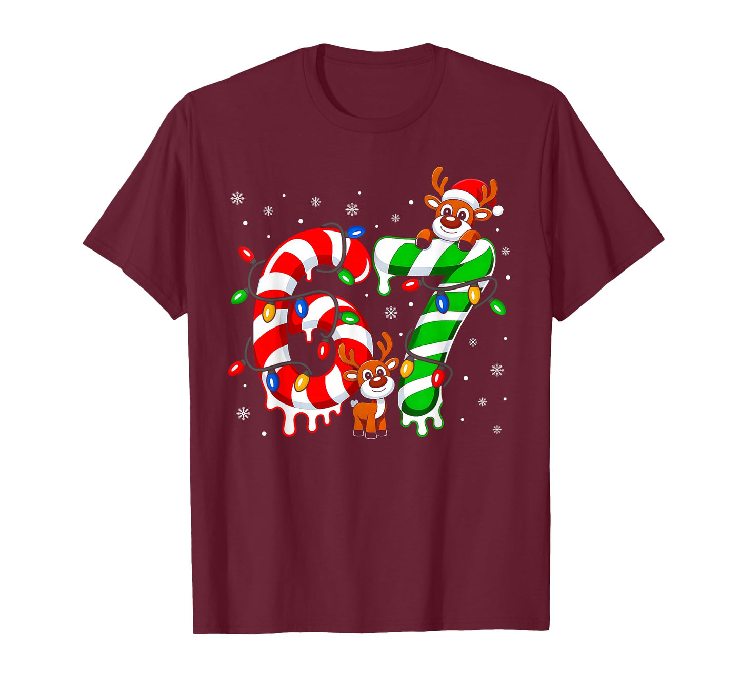 Number 67 Six Seven 6 7 Meme Candy Cane Matching Christmas T-Shirt