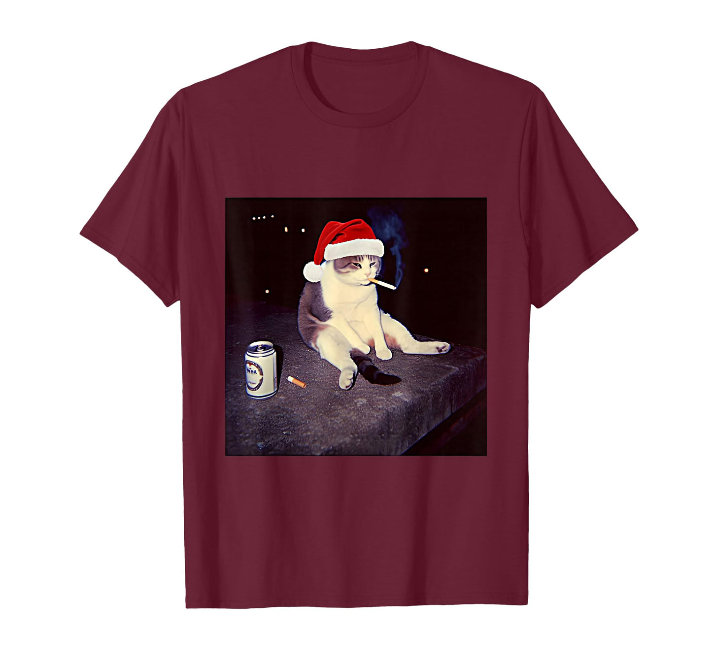 Cigarette Kitten Christmas Hat Cat Smoking Meme Brainrot T-Shirt