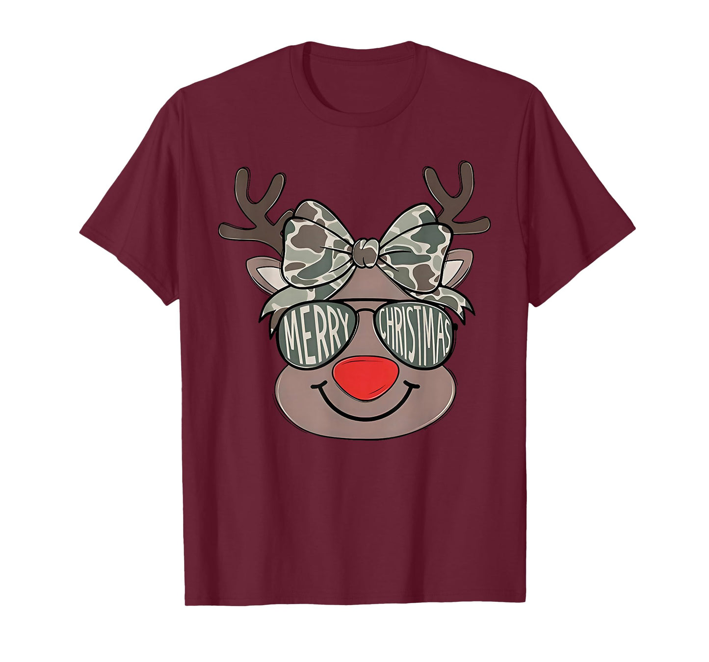 Reindeer Rudolph Merry Christmas Xmas Holiday Girls Camo T-Shirt
