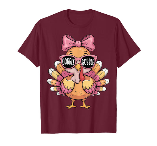 Cute Turkey Thanksgiving Girls Toddler Kids Women Bow Turkey T-Shirt
