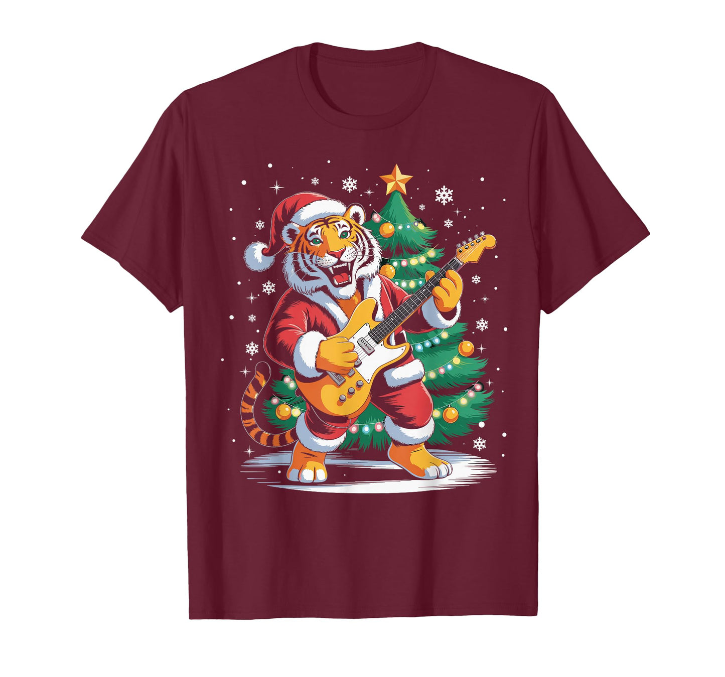 Christmas Tiger Playing Guitar Music Santa Hat Xmas Lights T-Shirt