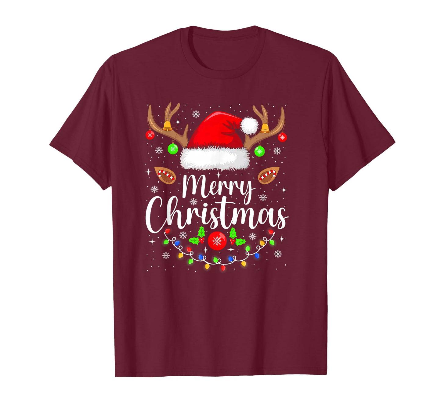 Merry Christmas Lights Red Santa Hat Xmas Family Men Women T-Shirt
