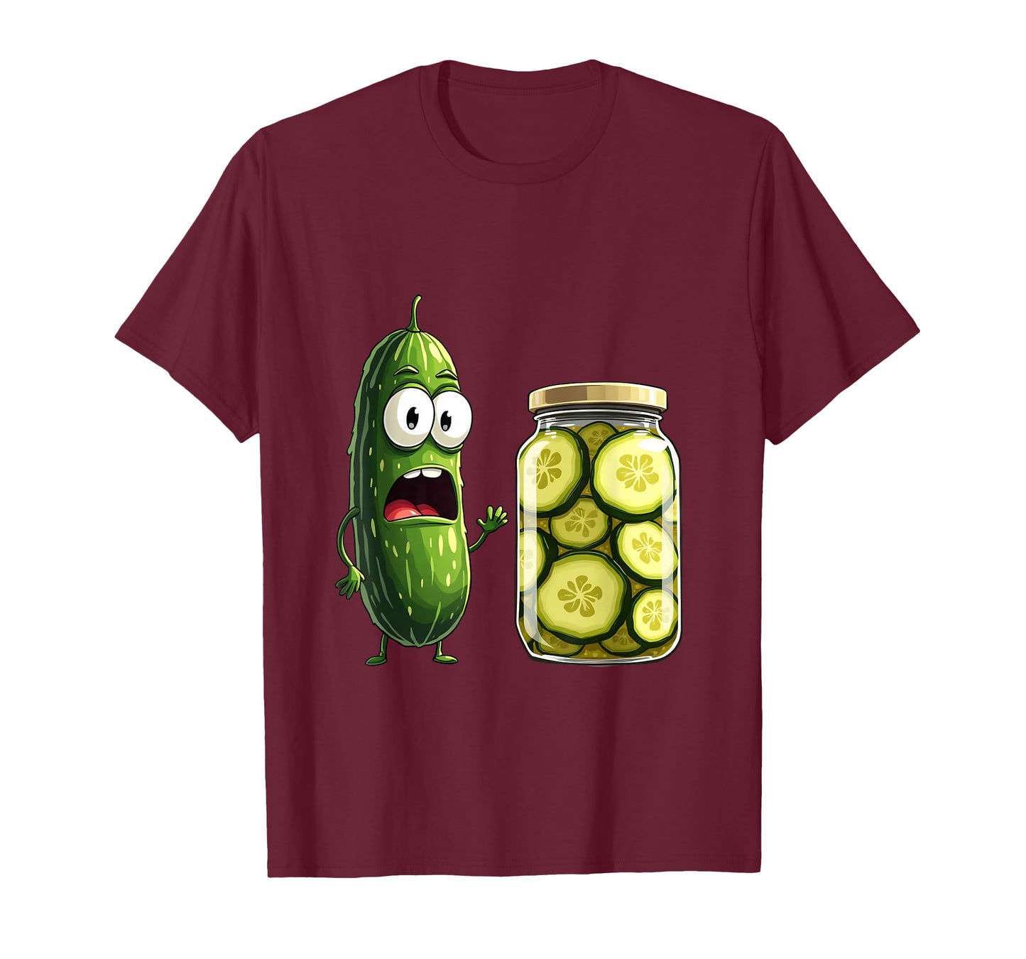 Surprised Pickle and Jar of Pickles Cartoon T-Shirt
