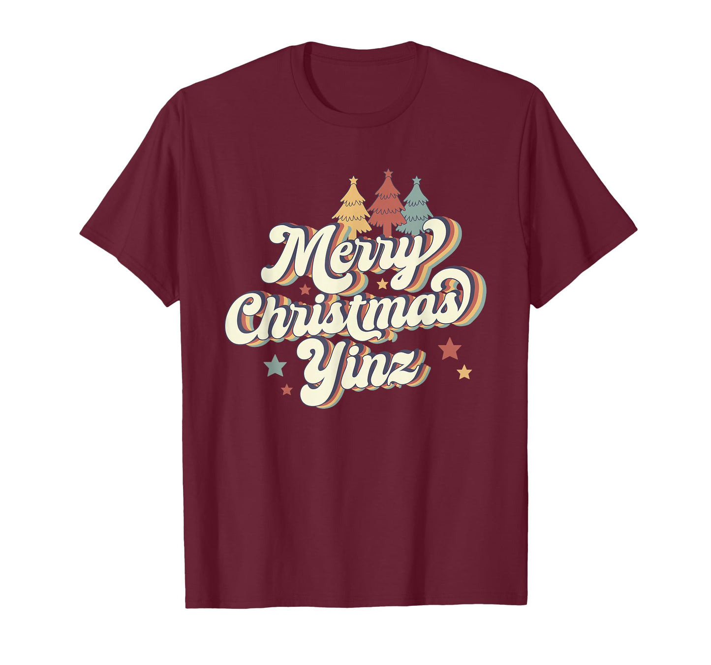 Merry Christmas Yinz Retro Pittsburgh Groovy Trees T-Shirt