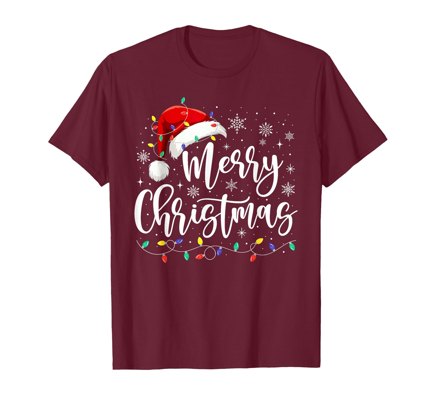 Merry Christmas Lights Red Santa Hat Xmas Family Men Women T-Shirt