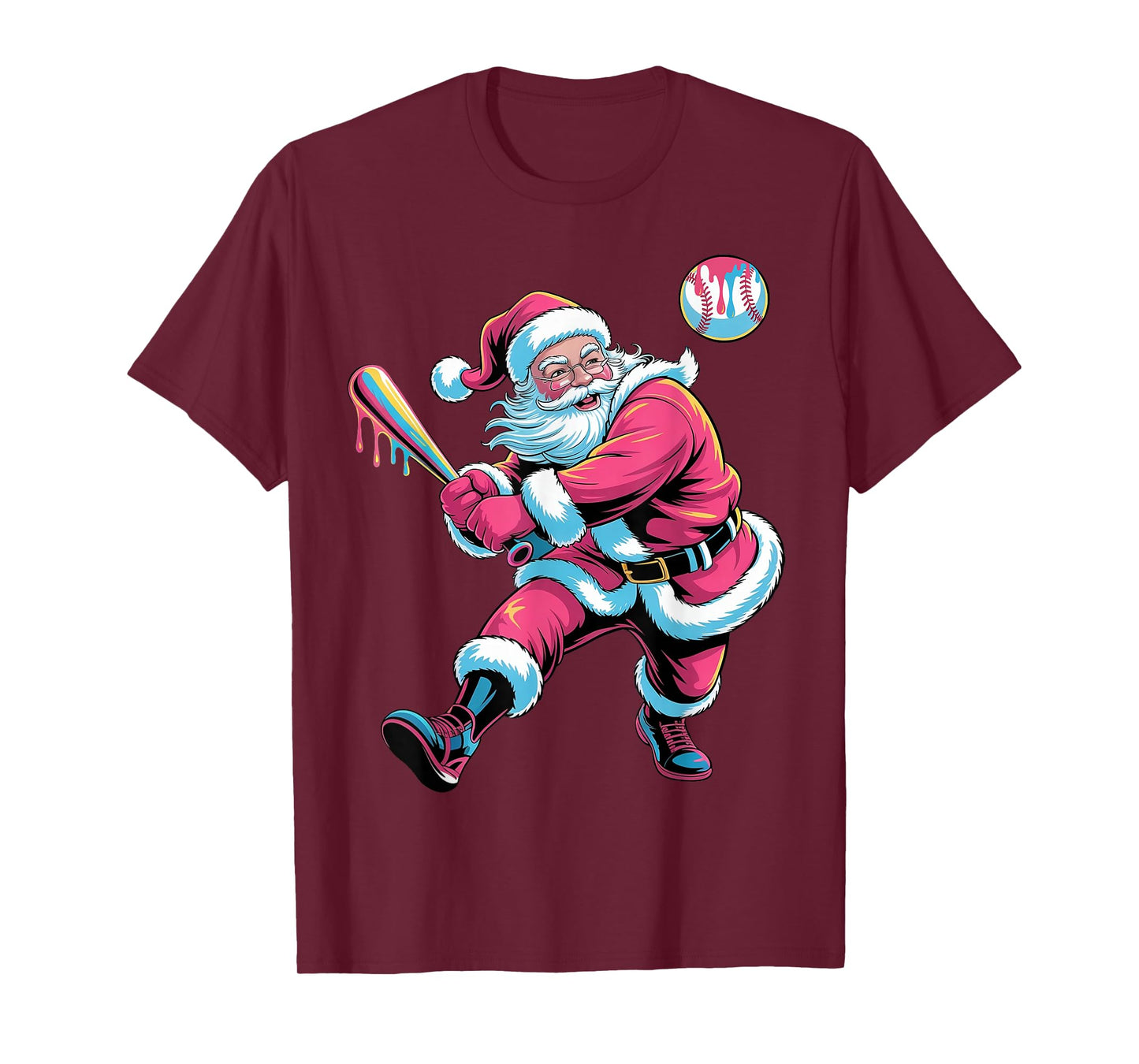 Christmas Baseball Santa Claus Batter Baseball Drip Xmas T-Shirt