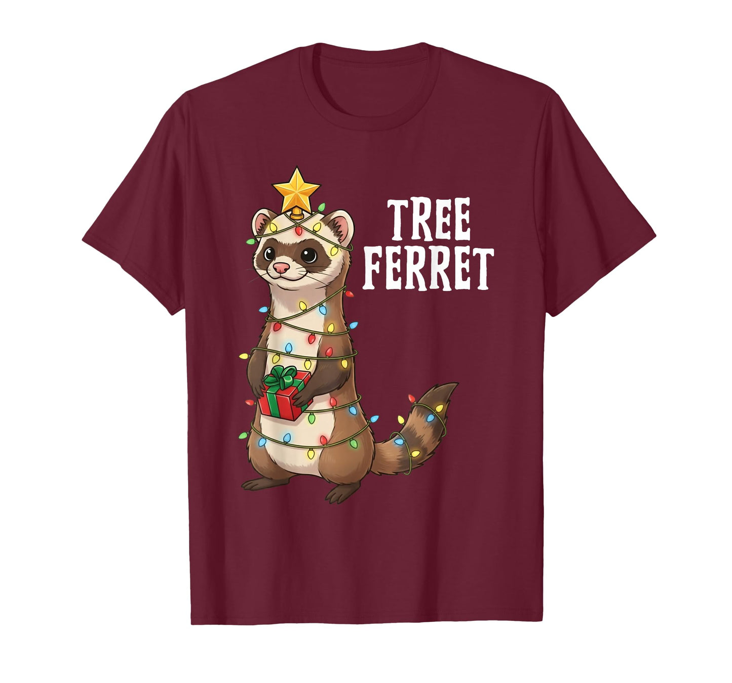 Cute Tree Ferret Christmas Lights Holiday Design T-Shirt