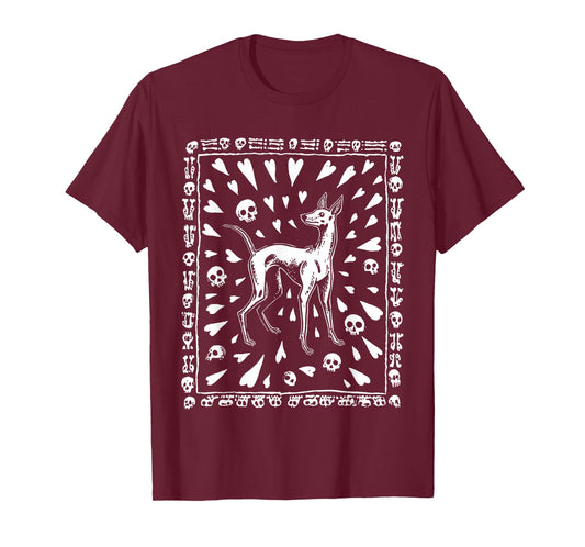 Día de Los Muertos Xolo Dog Folk Art with Skulls and Hearts T-Shirt