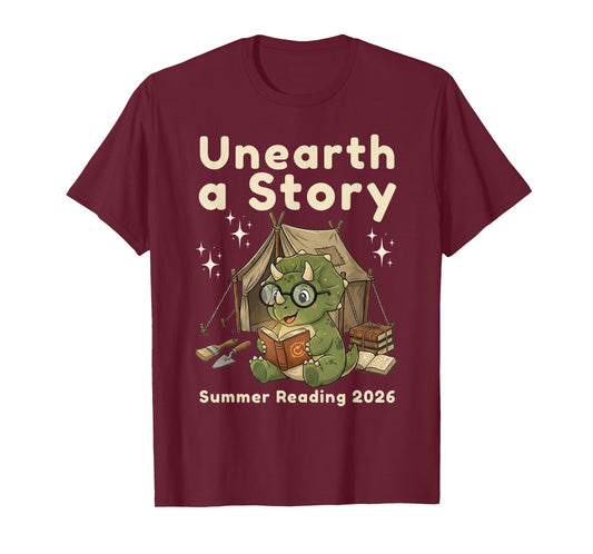 Unearth a Story Summer Reading 2026 Triceratops Dinosaur Kid T-Shirt