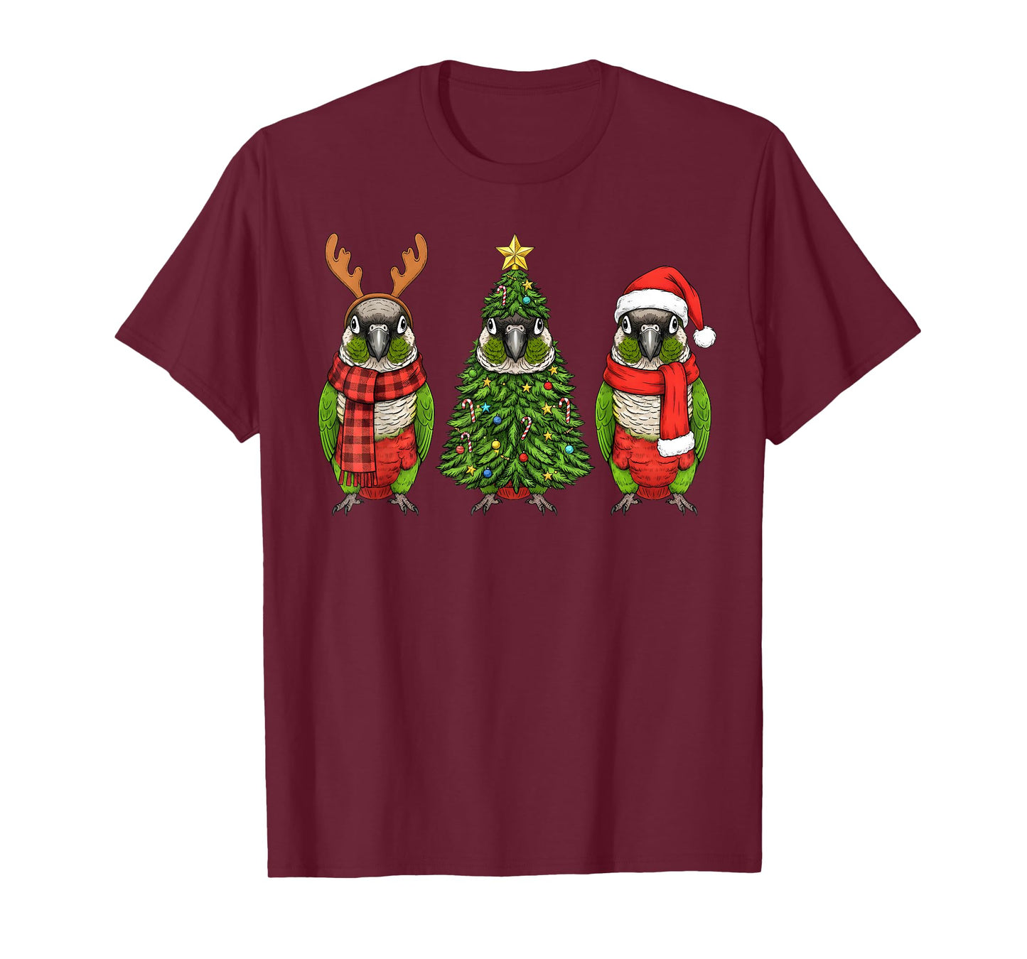 Retro Christmas Green Cheek Conure Parrot Santa Reindeer T-Shirt