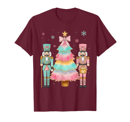 Pastel Nutcracker Soldier Pink Bow Christmas Tree Women Girl T-Shirt