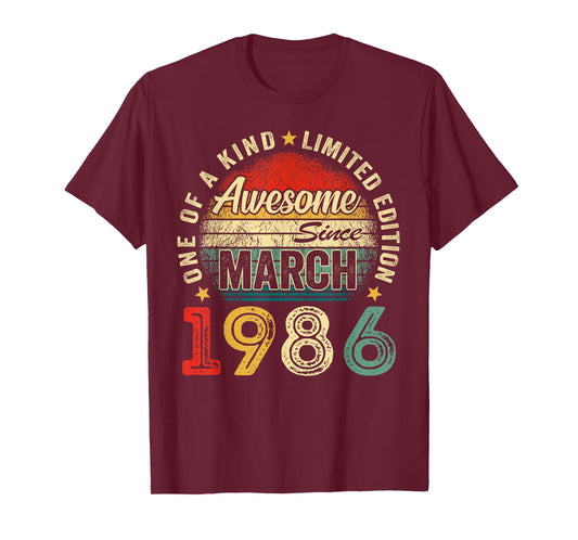 Awesome Since March 1986 Vintage Retro 40th Birthday Men Boy T-Shirt
