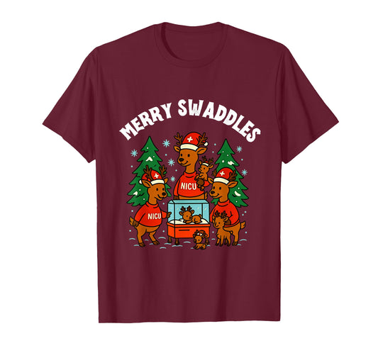 Merry Swaddles Reindeer NICU Nurse Christmas T-Shirt