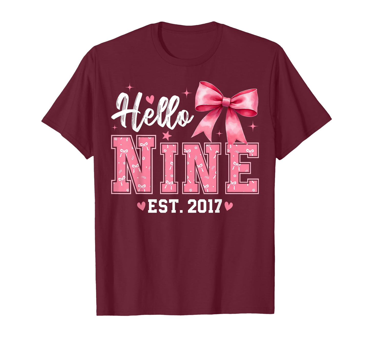 Hello Nine Est 2017 Coquette Bow 9th Birthday Girl T-Shirt