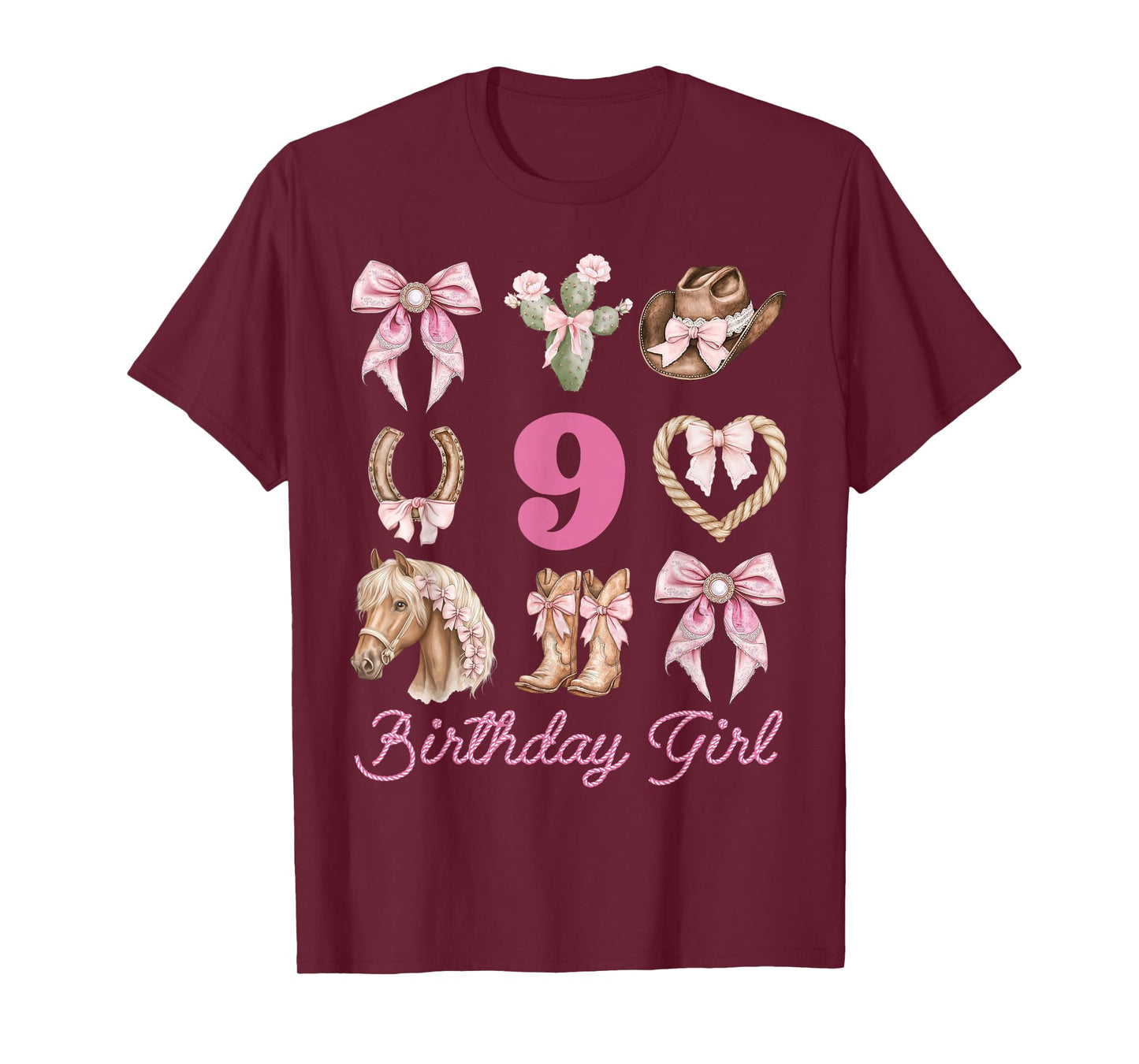 Western Coquette Bow 9th Birthday Girl Cowgirl 9 Year Old T-Shirt