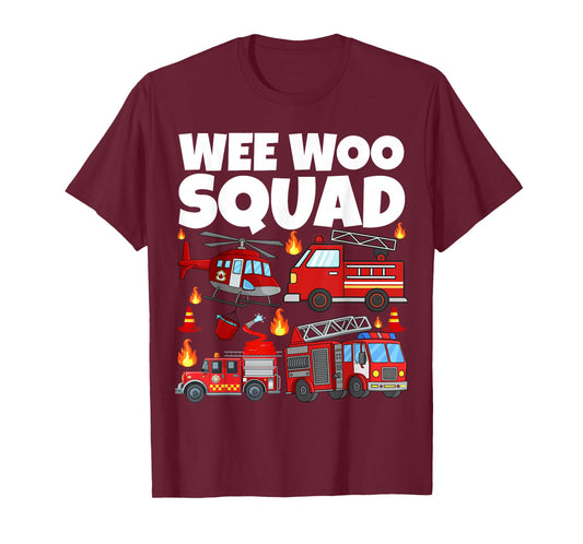 Funny Firefighter Fire Truck Fireman Wee Woo Squad Boys Kids T-Shirt
