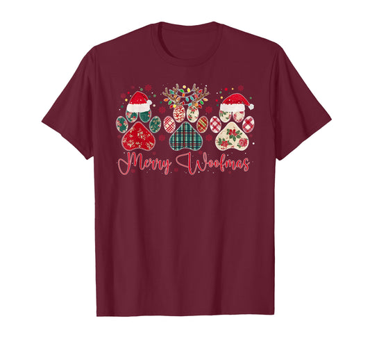 Merry Woofmas Christmas Dog Paws Buffalo Plaid Xmas Lights T-Shirt