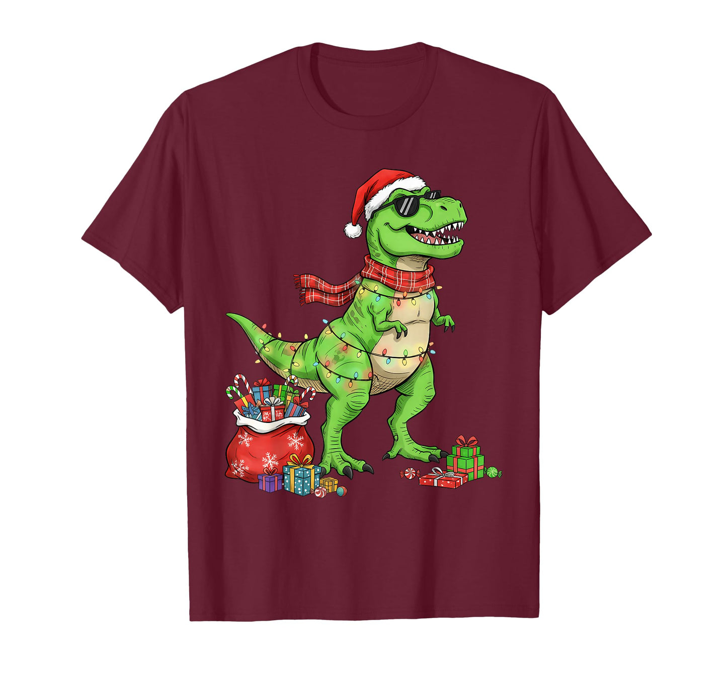 Tree T Rex Santa Hat Funny Christmas Lights Kids Boys Xmas T-Shirt