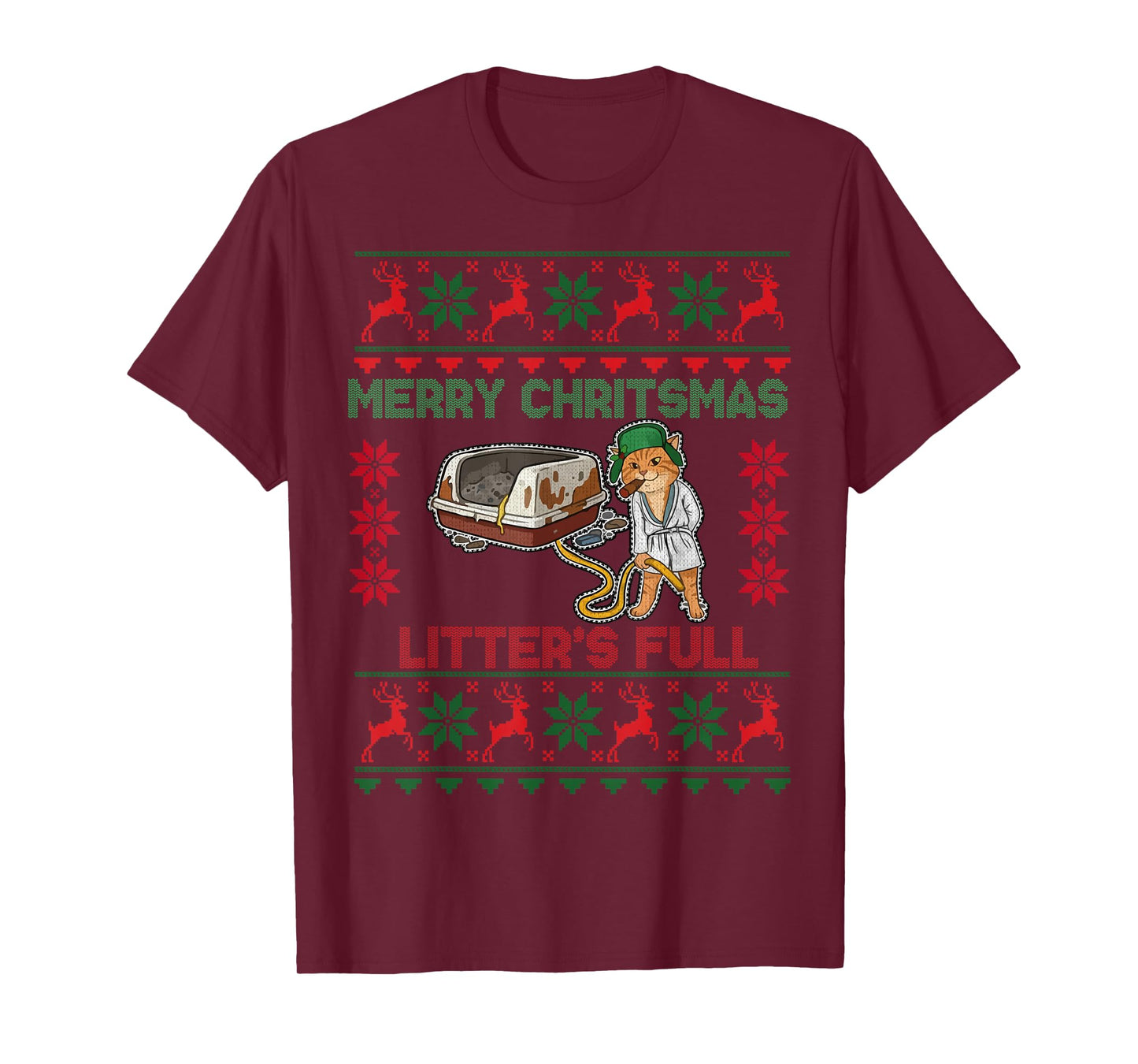 Litter's Full Merry Christmas Funny Cat Lover Ugly Christmas T-Shirt