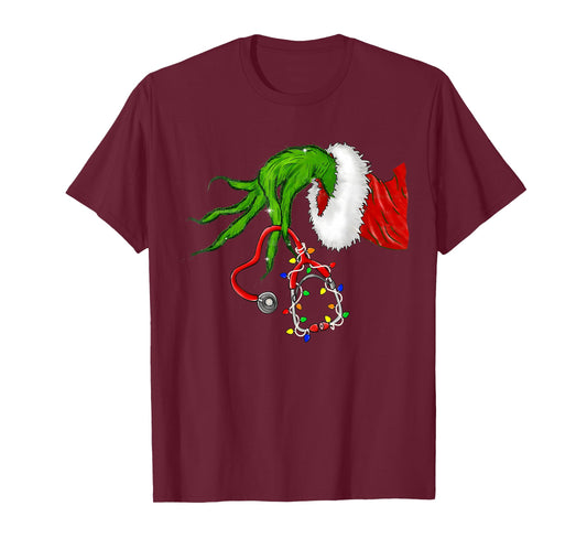 Funny Nurse Christmas Stethoscope Nurses Xmas Lights Pajamas T-Shirt