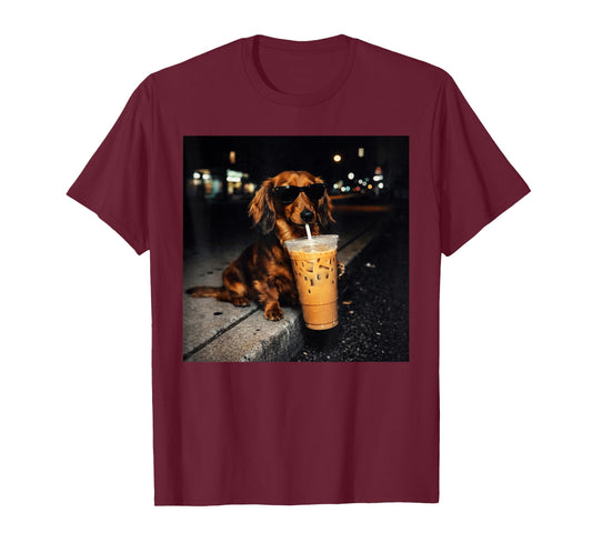 Funny Dachshund Drinking Iced Coffee Cute Dog Meme Humor T-Shirt