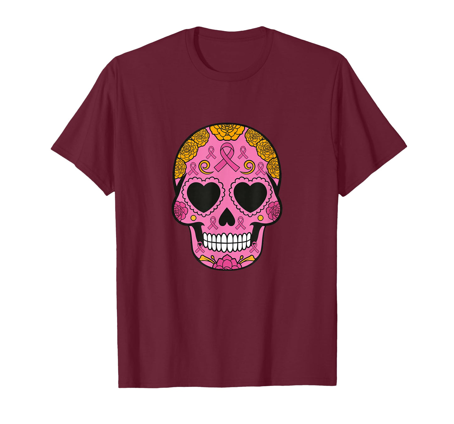 Sugar Skull Breast Cancer Awareness Pink Ribbon Calavera T-Shirt