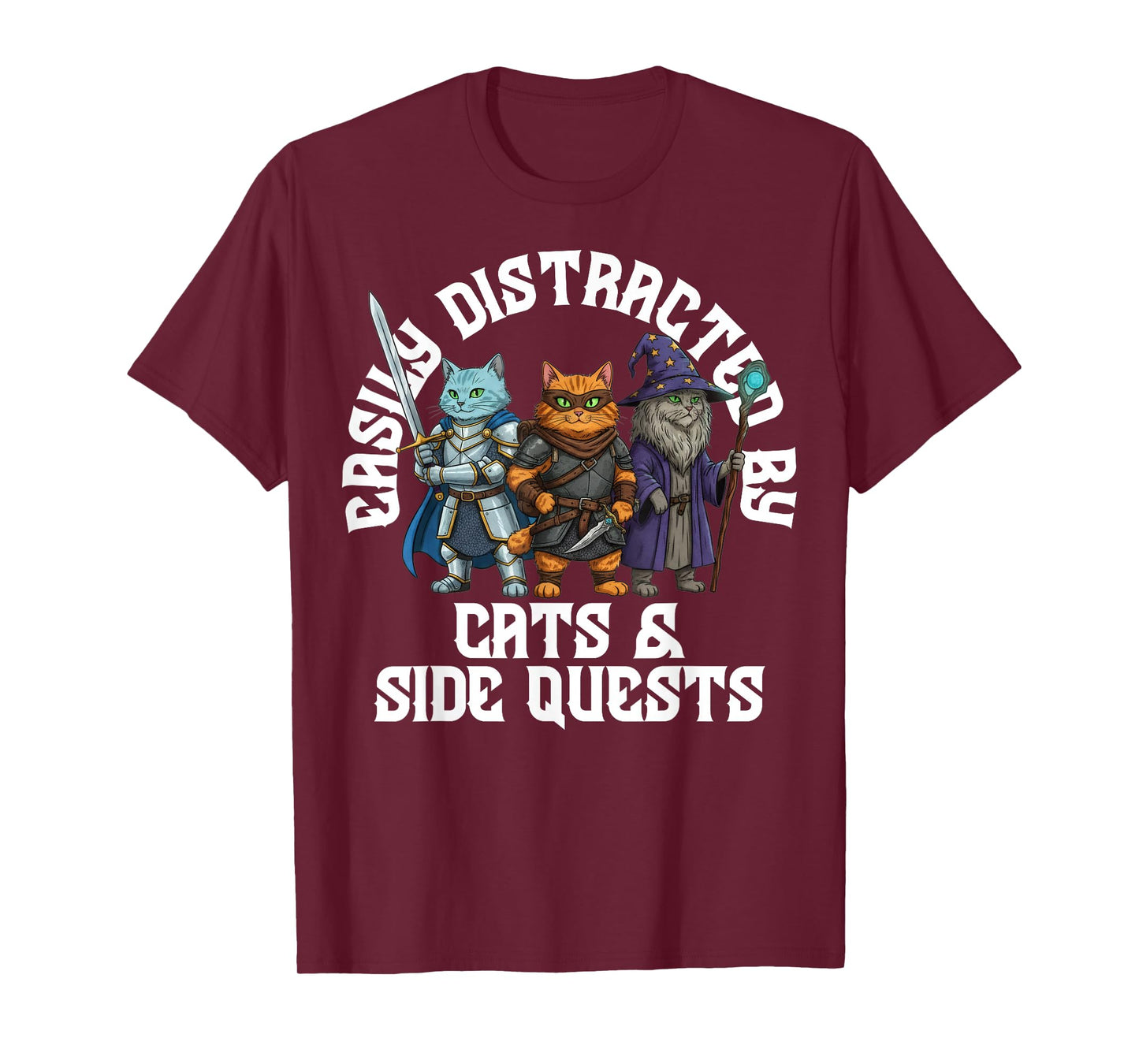 Easily Distracted by Cats & Side Quests Role-Playing Fantasy T-Shirt