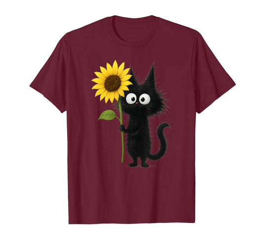 Cute Black Cat with Sunflower Adorable Nature Design T-Shirt