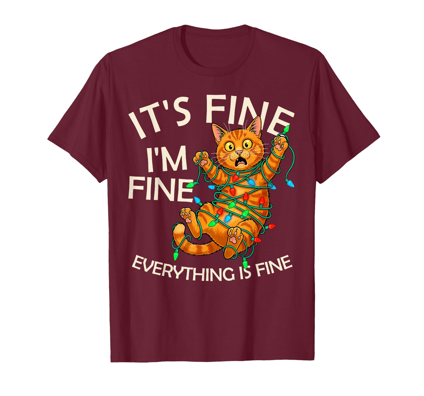 Funny Orange Cat Christmas Light It's Fine I'm Fine Xmas T-Shirt