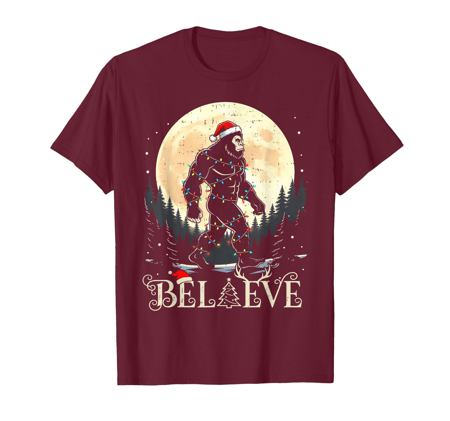Sasquatch Santa Christmas Tree Lights Funny Xmas Boys Men T-Shirt