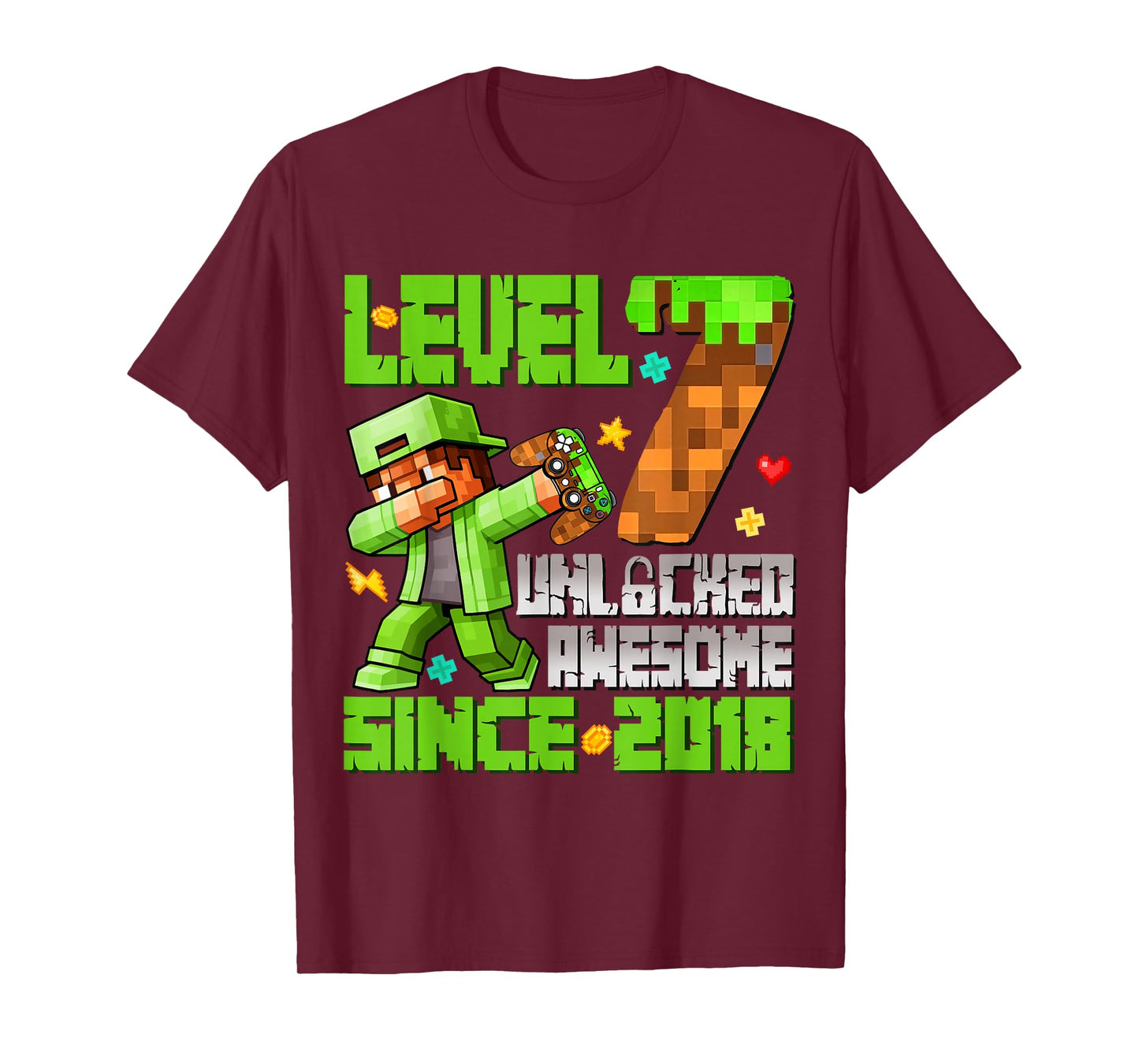 Level 7 Unlocked Awesome Since 2018 7th Birthday Game Pixel T-Shirt