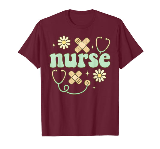 Retro Nurse Daisy Bandage Stethoscope Medical Art T-Shirt