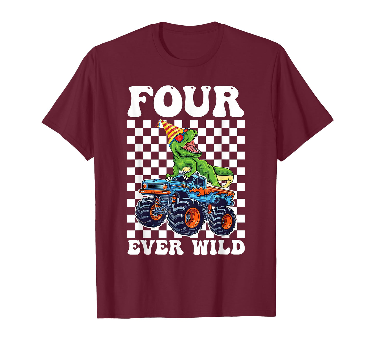 Kids Four Ever Wild Dinosaur Monster Truck 4th Birthday Boy T-Shirt