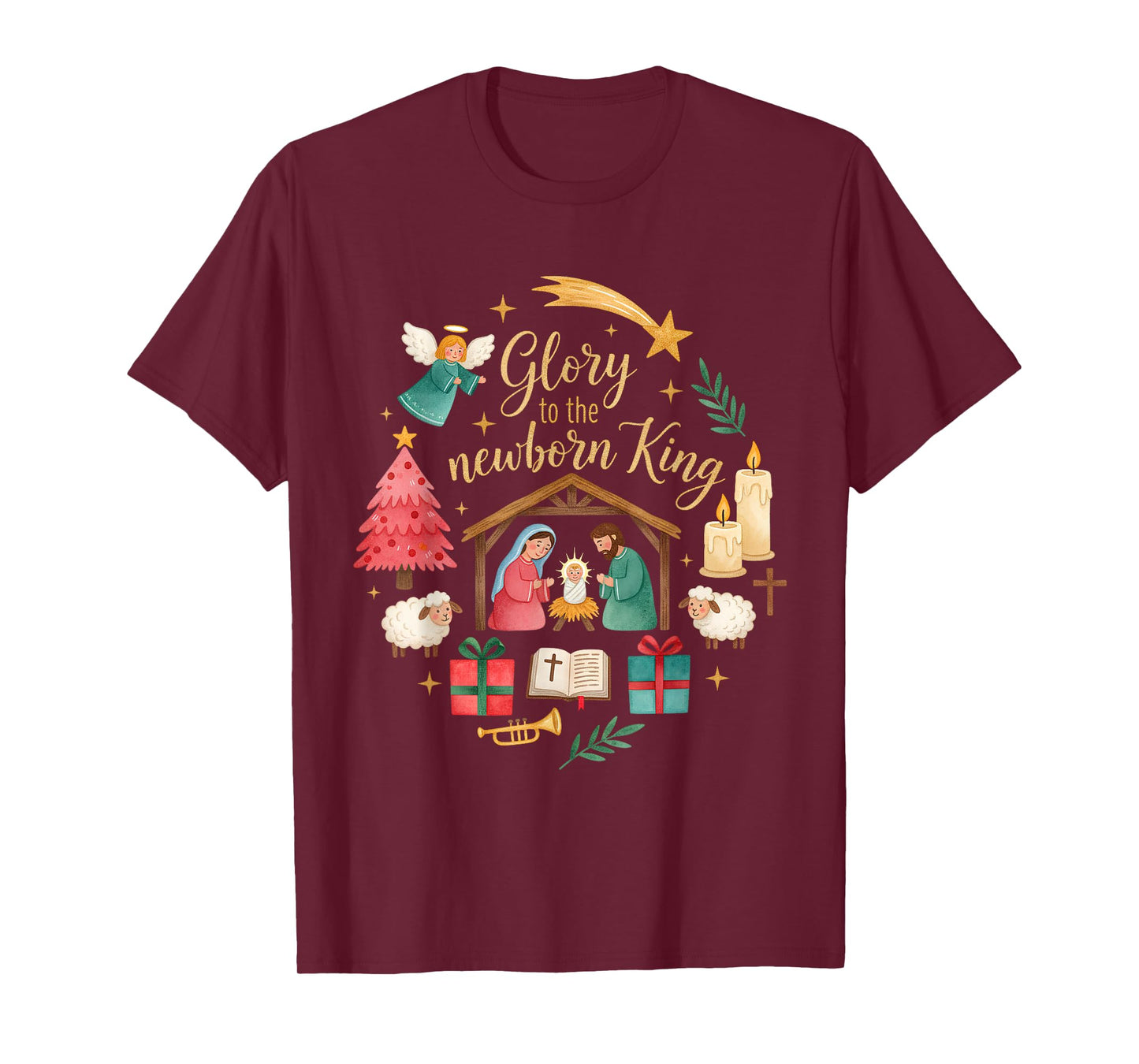Glory to The Newborn King Christmas Nativity Scene Christian T-Shirt